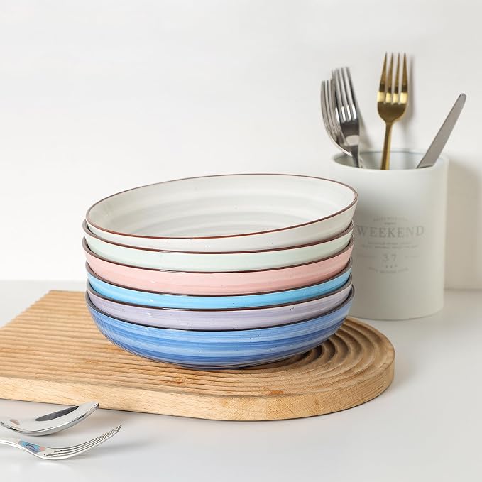 KitchenTour Large Ceramic Pasta Bowls, 34 oz Salad Serving Bowls, Set of 6 | Wide and Shallow Dinner Plate Bowls for Soup, 8.6 Inch, Dishwasher and Microwave Safe, Pastel Swirl