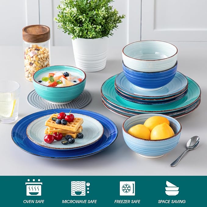 vancasso Bonita Dinnerware Sets 12 Pieces for 4, Ceramic Dishes Set Blue | Hand-Painted Spiral Plates and Bowls Set, Modern Kitchen Plate Set-Microwave and Dishwasher Safe (Blue,12 Pcs)