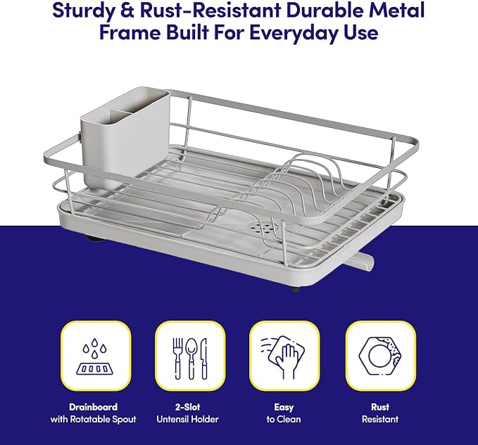 Dish Drying Rack 3 Piece Dish Drainer with Drainboard Set for Kitchen Counter – Dish Rack with Removable Utensil Holder & Swivel Spout for Countertop – DishRack for Plates, Cups & More, Silver