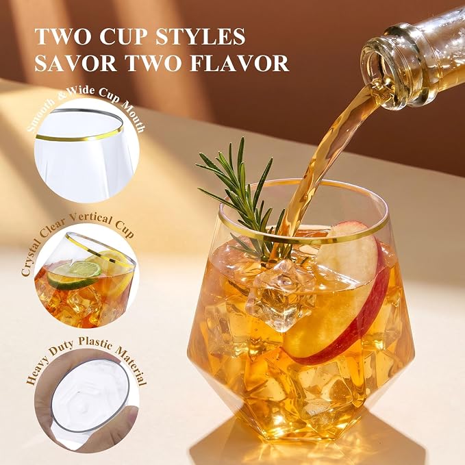BESTSTAR 96 Pack Gold Rim Plastic Wine Glasses Set,BPA-Free Shatterproof | 48 9 OZ Stemless Champagne Flutes & 48 12OZ Diamond Wine Whiskey Glasses, Clear Drinkware for Weddings, Parties & Events