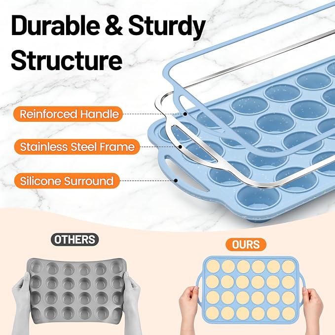 Mini Cupcake Pans, Metal Reinforced Frame Silicone Mini Muffin Pan 24 Cups | 1 Pack, with Handle, BPA Free, Nonstick, Oven Dishwasher Safe, Food-Grade Silicone, Heat-resistant: -104°F to 446°F