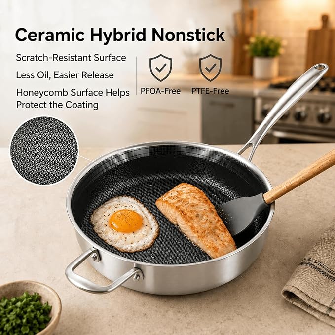 DELARLO Frying Pan,12 inch Tri-Ply Stainless Steel Skillet,6 Quart Saute Pan with lid, Compatible with All Cooktops,Oven Up to 660℉,Chicken Fryer,Dishwasher-Friendly