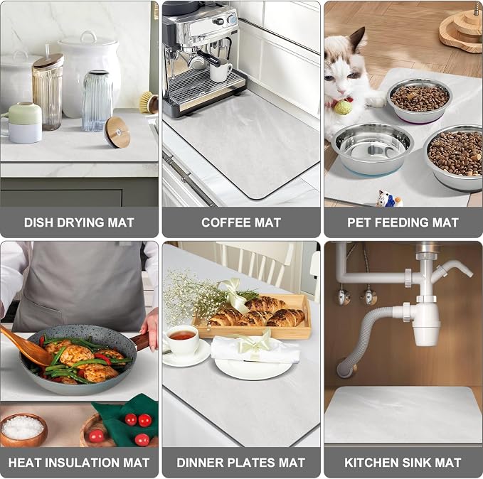 Findosom Dish Drying Mat, 12"x 20" Super Absorbent & Hide Stain Coffee Mat, Cuttable Drying Mat for Kitchen Counter, Coffee Bar Accessories, Under Dish Rack, Espresso Machine, LightGrey-2