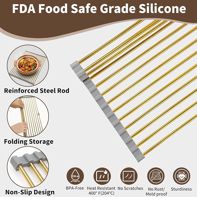 Golden Roll Up Dish Drying Rack, Stainless Steel Dish Drainer Over The Sink for Kitchen Sink Counter Storage, Applicable for Sink Width Less Than 17in (18.5'' x 11.5'')