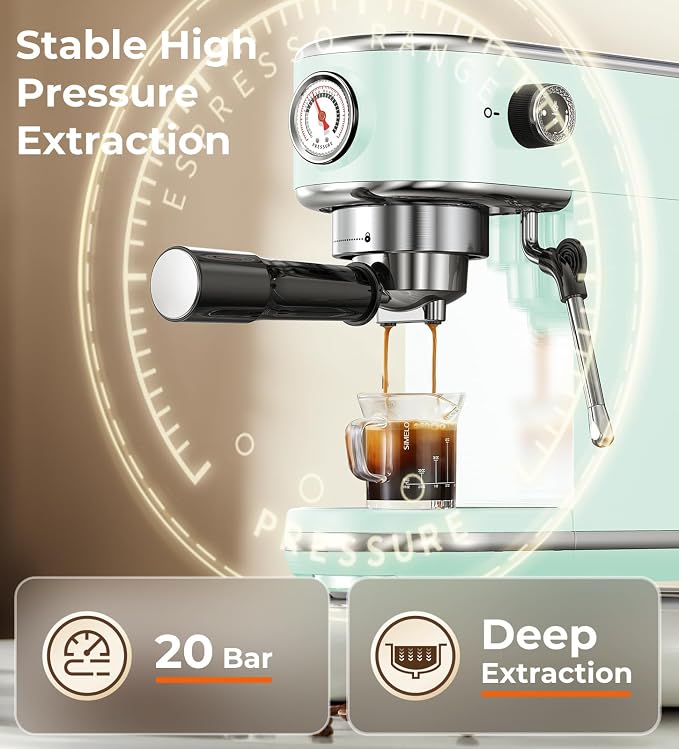 atatix 20 Bar Espresso Machine with Milk Frother, Compact Espresso Maker | Stainless Steel Coffee Machine with Precise Temp Control & 44oz Removable Water Tank for Latte, Cappuccino, Light Green