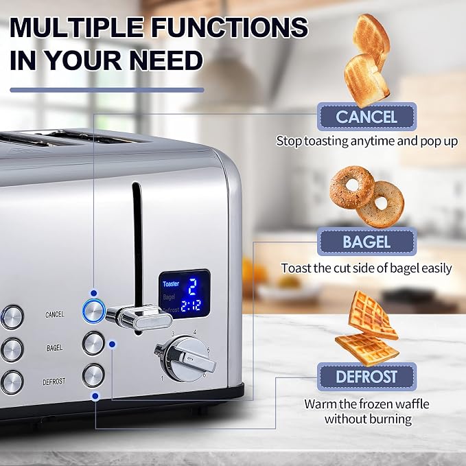 CUSIMAX 4 Slice Stainless Steel Toaster with Digital Display, Silver | LED Display with Countdown Timer, 6 Browning Levels, Bagel/Defrost/Cancel, Dual Independent Controls, 1.5" Extra Wide Slots