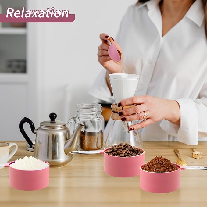 Measuring Cups Set Measuring Spoons Set, Nesting Measure Cups with Stainless Steel Handle, For Measuring Dry and Liquid Ingredients Small Teaspoon with Plastic Head (Pink)