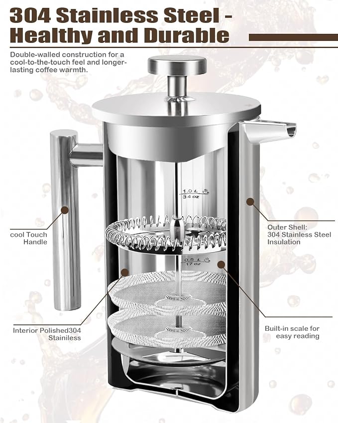 French Press Coffee Maker, Silver, 50 OZ (1.5 Litre) | 304 Stainless Steel Coffee Press with scale lines and 2 Extra Filters for Kitchen & Camping