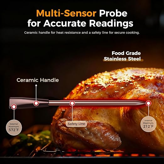 Smart Wireless Meat Thermometer, Digital Cooking Thermometer with Dual High-Accuracy Sensors, Ceramic Heat-Resistant Probe, Instant Read LCD & App Control for Kitchen,BBQ, Oven,Grill,Air Fryer, Black