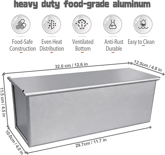 Pullman Loaf Pan with Lid 13x4 Uncoated Aluminized Steel for Sandwich Bread | Toast Box with Cover, Ideal for home bakers making sourdough loaves and daily homemade baking