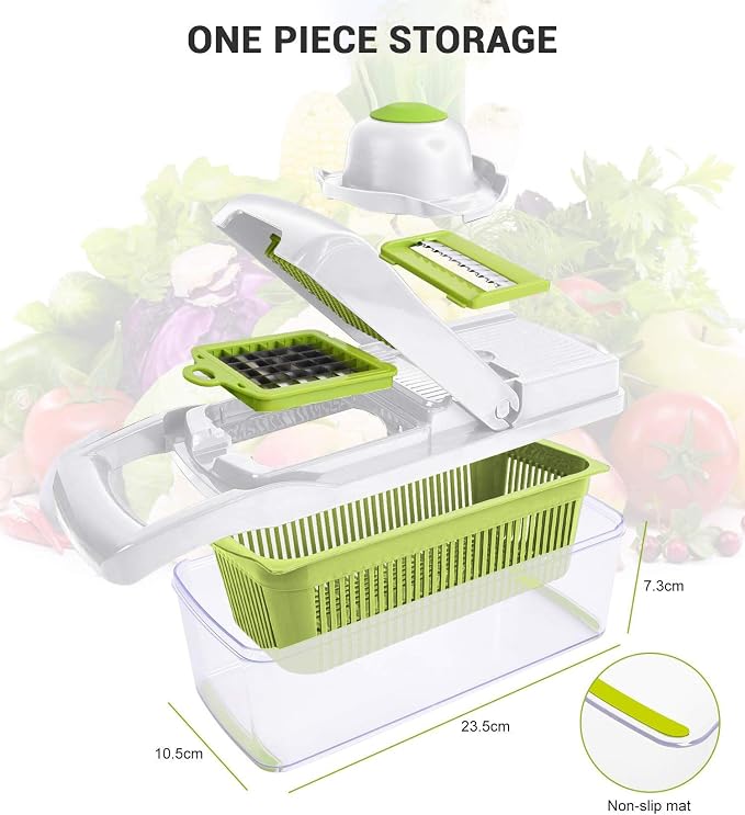 ADOV Mandoline Slicer for Kitchen, Vegetable Chopper with Container, 14 in 1 Multifunctional Food Chopper, 7 Blade Onion Cucumber Slicer Vegetable Cutter for Salad, Potato Essential Kitchen Gadgets