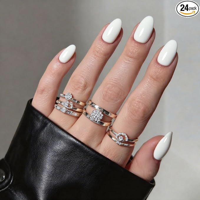 White Press On Nails Almond -Short Press On Nails with Nail Glue | Short Almond Fake Nails,Hand-Applied UV Finish, Salon Quality Nails in 12 Sizes - 24 Nail Kit with Glue