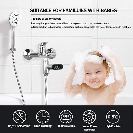 Shower Temperature Instant-Read Thermometer Display Shower Timer 360°Rotating Screen Led Water New Type Digital Gauge for Baby Kids Home Bathroom Kitchen