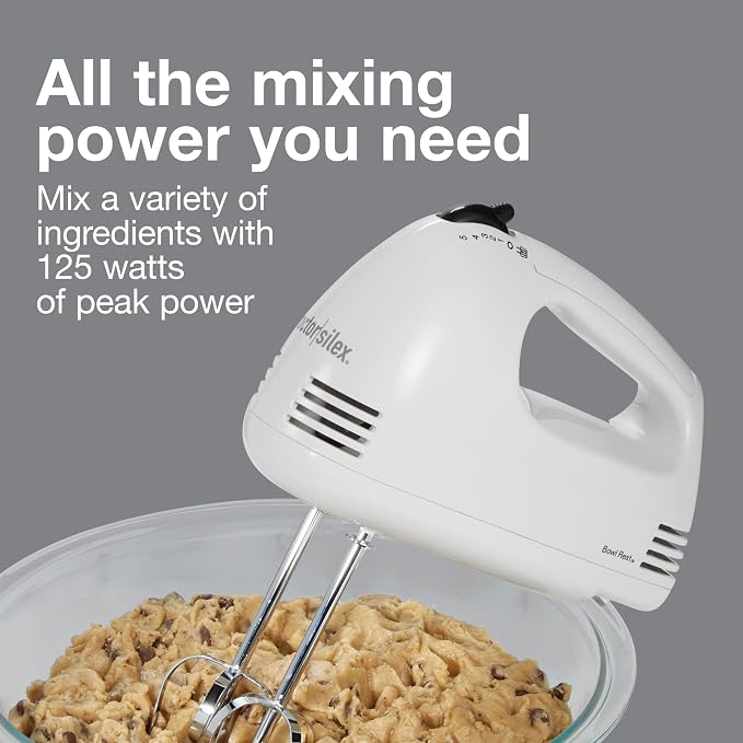 Proctor Silex Easy Mix 5-Speed Electric Hand Mixer with Bowl Rest | Compact and Lightweight | 100 Watts of Peak Power | White | 62515PS