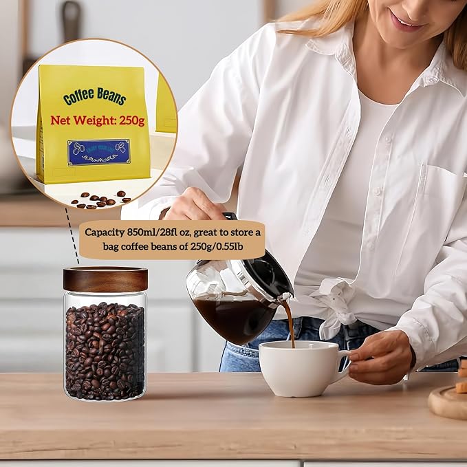 28 Fl oz/850ml Glass Jars, Glass Canister with Airtight Screw on Wooden Lid | Premium Clear Glass Medium Food Storage Containers for Coffee,Tea,Cereals,Spice,Cookies,Snacks,Nuts,Candy,Sugar