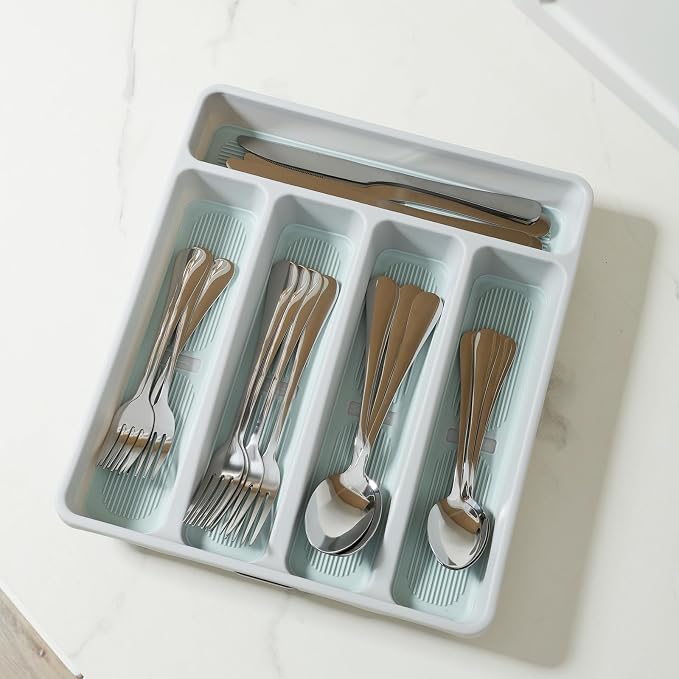 5-Compartment Silverware Organizer Tray with Icons for Kitchen Drawer | Non-slip TPR Linings，5-Compartment，High-quality Plastic，Fits Well In Standard Drawers，With Cutlery Icons