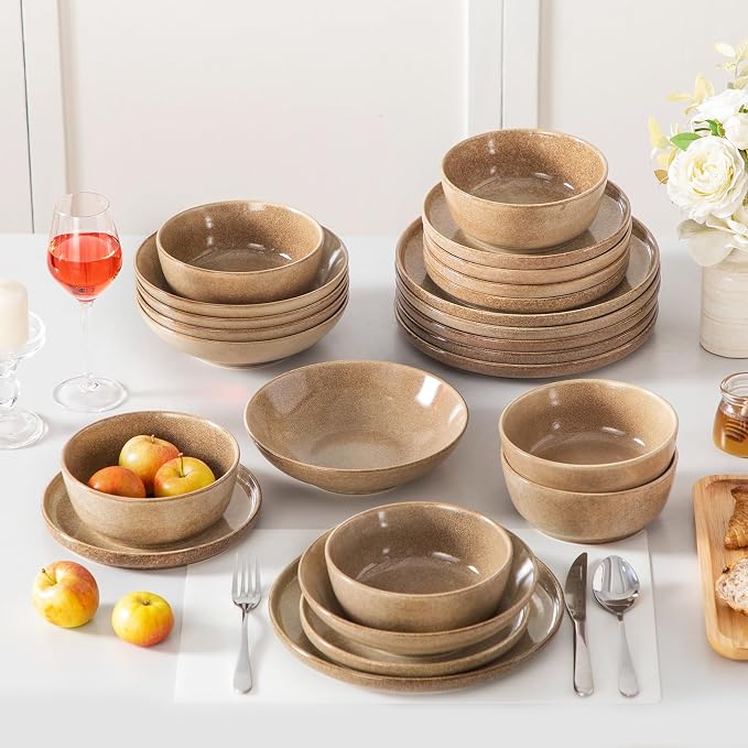 vancasso ANYA 24 Pieces Plates and Bowls Set, Caramel Dinnerware Sets, Reactive Glaze Dishes Set for 6, Ceramic Dishware Sets Kitchen Dinner Set, Microwave & Dishwasher Safe