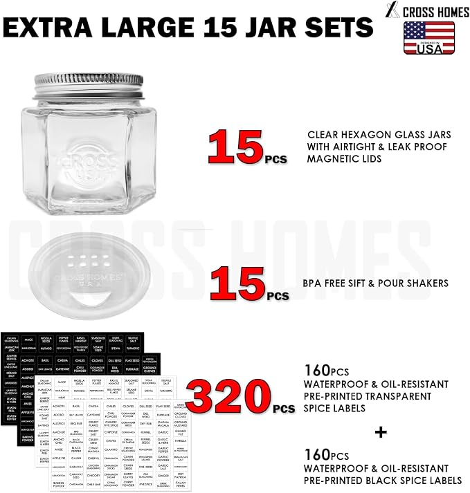 15 Pack Magnetic Spice Jars Large 4 oz Refrigerator Hexagon Glass Spice Jars Magnetic Lids Shaker Spice Labels Magnetic Glass Spice Containers for RV Travel Trailer Kitchen Fridge Cabinet Wall mount