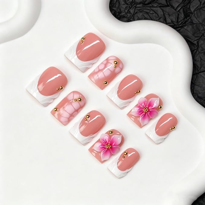 Press on Nails Handmade 3D Pink White Gradient Flower False Nails Short Square Fake Nail Glossy White French Tip Elegant Floral Style Thick Acrylic Nail Salon Quality Stick on Nails for Women (L)