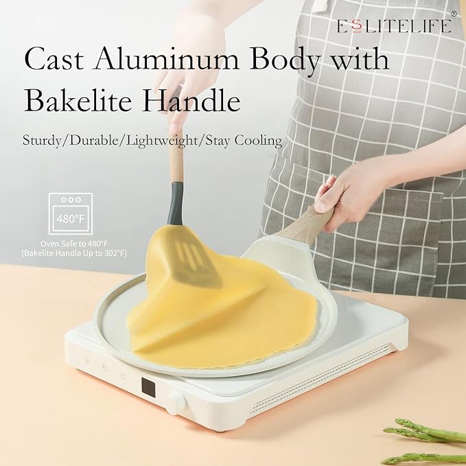 ESLITE LIFE 11 Inch Crepe Pan with Spreader, Nonstick Ceramic Coating Dosa Pan, Roti Tawa Comal Para Tortillas Pancake Griddle Pan, Induction Compatible, PTFE & PFOA Free, White
