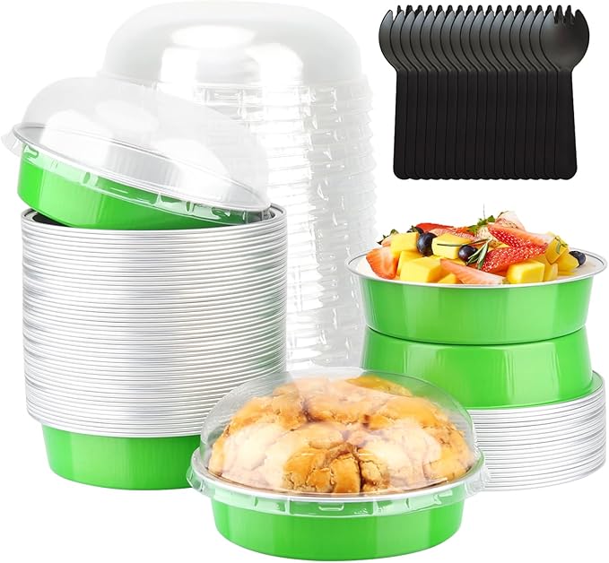 LNYZQUS 8oz Mini Pie Tins with Lids 50 Pack, 4 Inch Individual Cake Pans | Foil Disposable, Small Cake Tins, Mini Pie Containers, for Christmas Bake Sale Baking and Packaging, Green