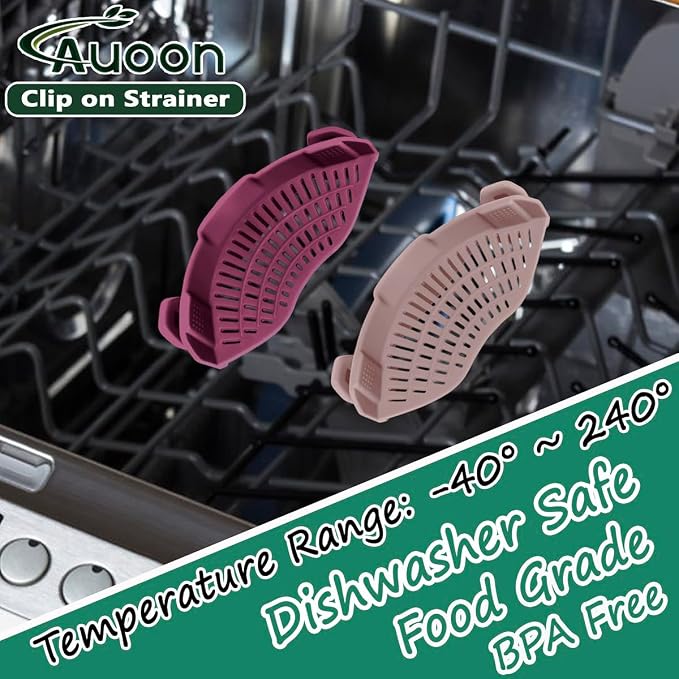 AUOON Pasta Strainer Clip on Silicone, Standard 8.86 x 3.55 in, Almond Rose | BPA-free, Fits All Pots Pans Bowls, Dishwasher Safe, for Meat Noodles Vegetable Fruits, Space-saving Kitchen Gadget
