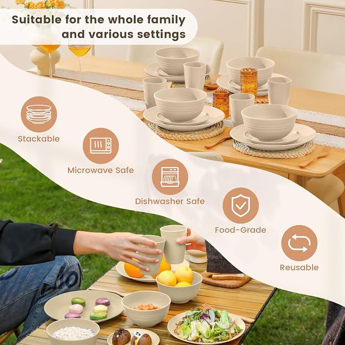 Premium Wheat Straw Dinnerware Sets, Lightweight & Unbreakable Plates and Bowls Sets,Cups,Service for 4,Dishwasher and Microwave Safe 16 PCS Dish Sets for Home，Camping- Beige