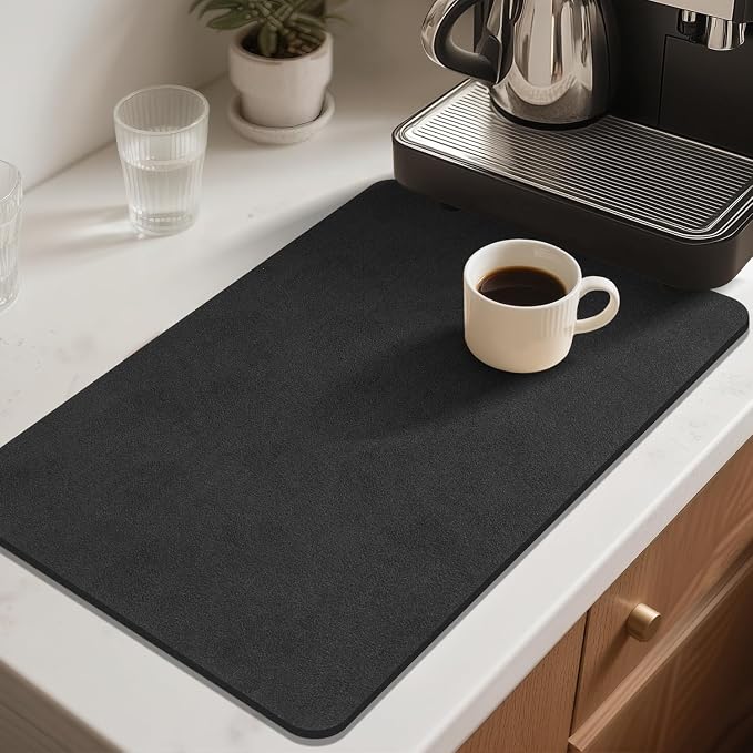 Findosom Dish Drying Mat, 17"x 32" Super Absorbent & Hide Stain Coffee Mat, Cuttable Drying Mat for Kitchen Counter, Coffee Bar Accessories, Under Dish Rack, Coffee Maker, Espresso Machine, Black-2