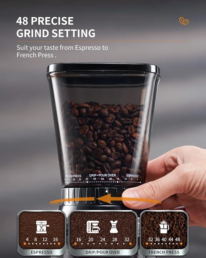 SHARDOR Professional Conical Burr Coffee Grinder, Coffee Bean Grinder with 48 Grind Settings for Espresso, Drip & French Press, Upgraded Anti-Static Technology, Precision Timer, Stainless Steel | Electric Grinding, Stainless Steel, LCD Touchscreen, Pre...