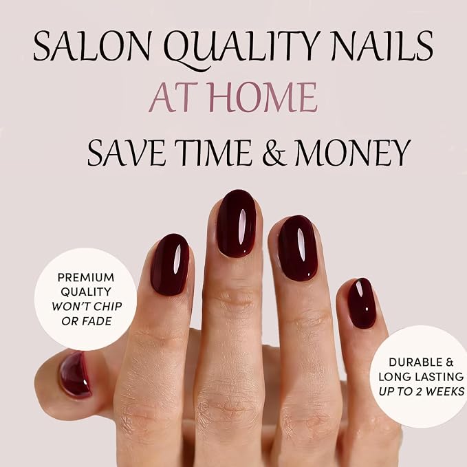 Dark Red Short Press On Nails, Oval Fake Nails with Nail Glue | Short Oval Fake Nails, Apply Protective UV coating,Salon Quality Nails in 12 Sizes - 24 Nail Kit with Glue