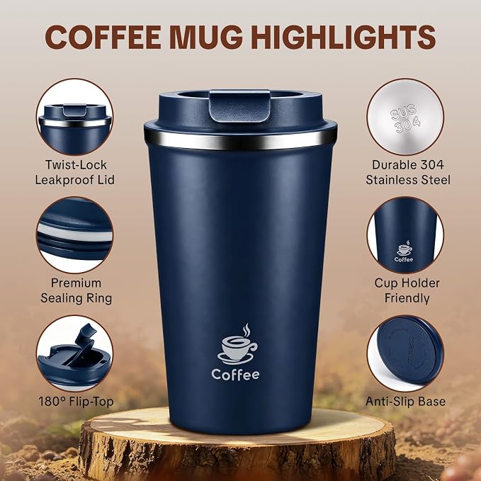 17oz Travel Coffee Mug ,Leakproof Vacuum Coffee Cup Insulated Tumbler | 304 Stainless Steel, Double-Wall Vacuum Insulated, Leakproof, Fits Hot & Cold Drinks Car Cup Holders, Travel, Office