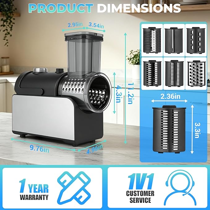 6-IN-1 Electric Cheese Grater Stainless Steel 800W [3S Efficient Cutting] | 800W Heavy Duty Electric Cheese Grater for Block Cheese, Parmesan, Vegetable, salad, Ice Shave（Silver）