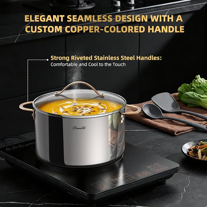 Ciwete 8 Quart Stock Pot with Lid, Upgraded Tri-Ply Stainless Steel Pot, Seamless Soup Pot with Stay-Cool Brass Handle, Healthy Polished Stockpots, Induction Cookware, Oven and Dishwasher Safe