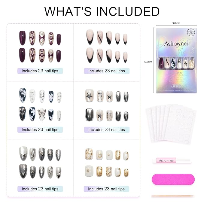 6 Packs (144 Pcs) | Reusable Press on Nails | cute nails | 6-Style Bundle | 12 Sizes | Each Style 24 Pcs | Luxury Chrome & 3D