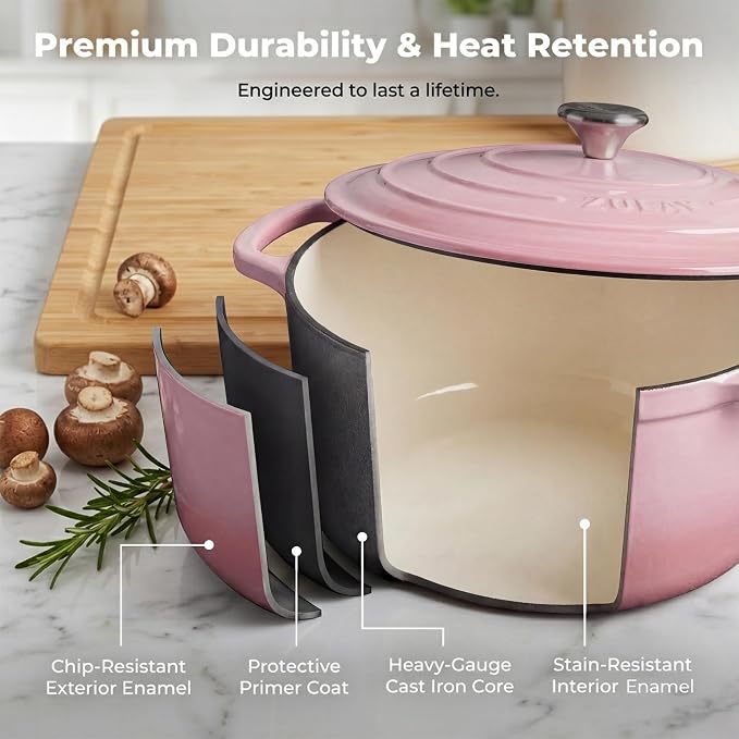 Zulay Kitchen 7.7 Quart Enameled Cast Iron Dutch Oven Pot with Lid – Premium Durability & Oven Safe up to 500°F – Heavy Duty Cookware Perfect for Bread Baking, Stews, Braising & Roasting – Pink