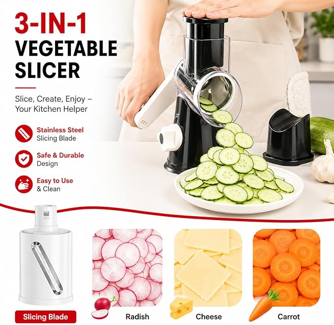 Rotary Cheese Grater with Hand Crank - Cheese Shredder with 3 Interchangeable Stainless Steel Blades, Suction Base & Ergonomic Handle | Vegetable Slicer, Food Grater for Cheese, Nuts & Chocolate
