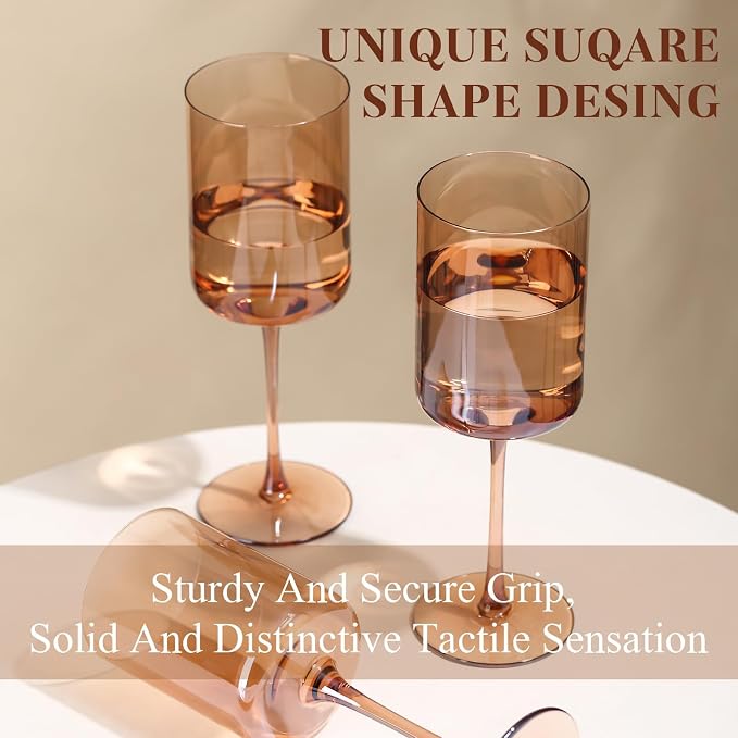 Amber Wine Glasses Set of 6 - 14oz Hand Blown Square Colored With Tall Long Stems, Modern Set for All Occasions