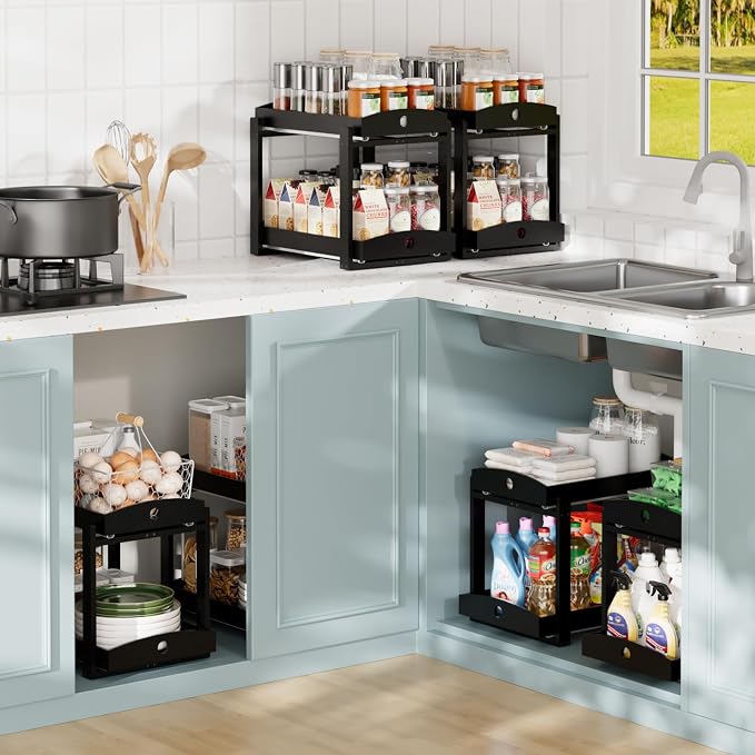 2 Pack Bamboo Under Sink Organizer, 2-Tier Sliding Drawers for Cabinets | Pull-out drawers keep cleaners and tall bottles visible, organized and easy to reach in kitchen or bathroom cabinets