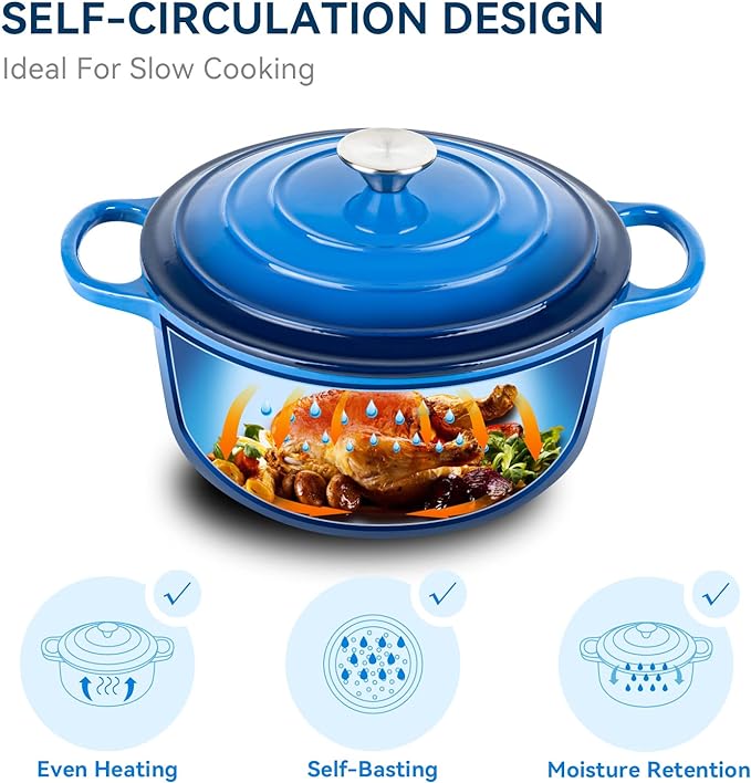 Miereirl 6 Quart Enameled Dutch Oven Pot with Lid, Cast Iron Dutch Oven with Dual Handles for Bread Baking, Cooking, Non-stick Enamel Coated Cookware (Dark Blue)