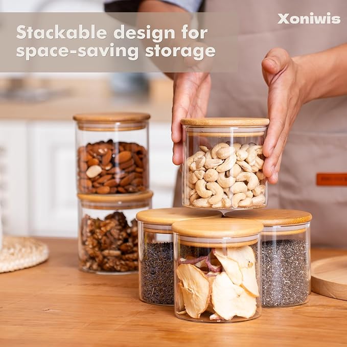 6-Pack 0.6Qt Small Round Glass Storage Jars with Bamboo Lids | Minimalist Kitchen Organizer,Pantry Storage Container,Food Storage Container,Scandinavian Style Storage,Nordic Style Storage