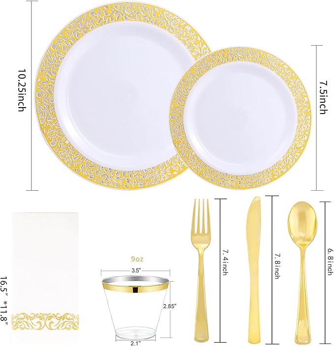 WELLIFE 210Pcs Gold Plastic Dinnerware - Disposable Silverware and Cups, Include:30 Dinner Plates, 30 Dessert Plates, 30 Paper Napkins, 30 Cups, 30 Gold Plastic Cutlery Set for Party and Wedding