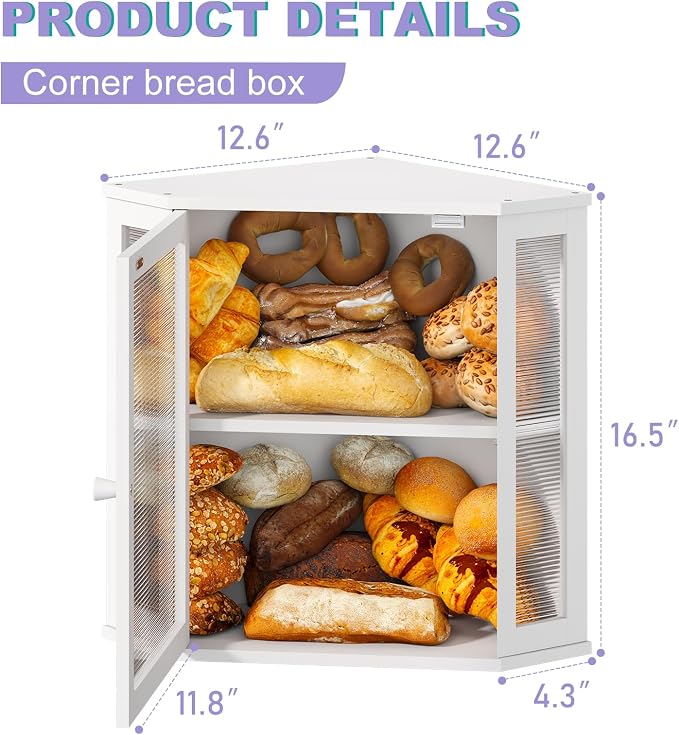 Corner Bread Box for Kitchen Countertop, Farmhouse Style with Acrylic Wavy Door Panel White Counter Bread boxes, Extra Large Food Storage Container