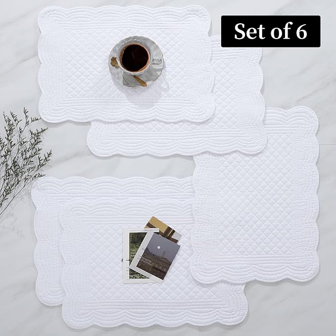 HOMBYS Quilted Placemats Set of 6 Washable-13x18 inches Rectangular Placemats for Kitchen Table-100% Cotton Fabric Rectangular Table Mats, (Pure White)