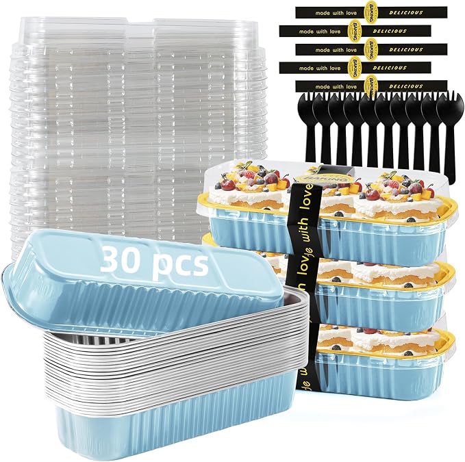 Mini Loaf Pans with Lids and Spoons Sealing Sticker,6.8oz Cake Pans for Baking Disposable Aluminum Foil Pink/Red cake pan (30, Sky Blue)