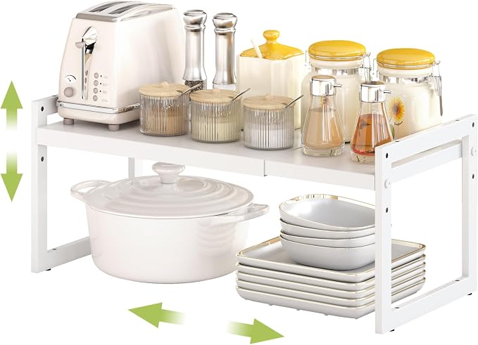 Expandable Cabinet Shelf Organizer, Stackable Kitchen Counter Shelf, White | Space Saving Metal Pantry Storage Racks for Kitchen Spice Rack Pans and Untensils Bathroom Office Organization, 1-Tier