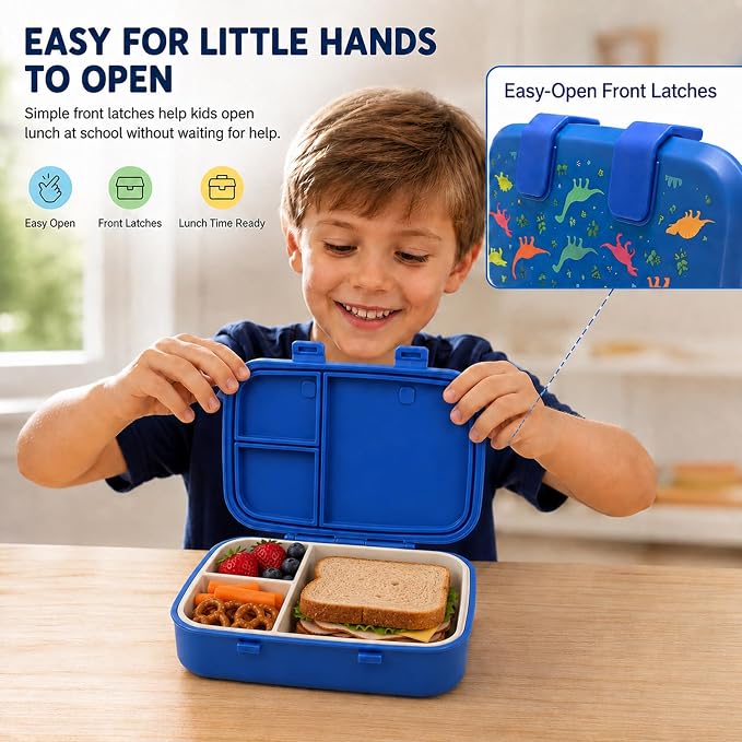 MISS BIG Kids Bento Lunch Box, Blue Dinosaur, Microwave Safe, 800ml | Boys lunch box with 3 sections for school meals, daycare, preschool, kindergarten, and microwave-safe reheating