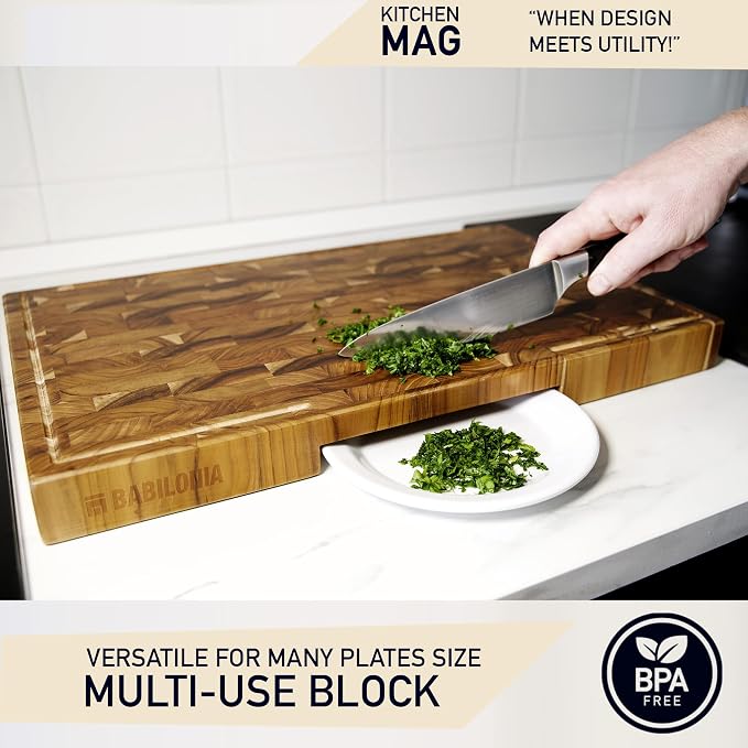 XXL Teak Wood Cutting Board for Kitchen, End Grain ExtraThick Butcher Block | 25 x 15 Inch (ExtraThick 1.7") Professional Heavy Duty Hardwood Non Toxic Wooden Chopping Board (Oil & Plate Included)