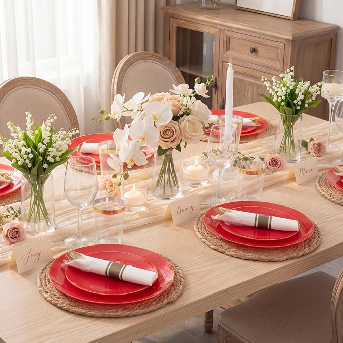 KIRE 350 PCS Red and Gold Plastic Plates - Plastic Dinnerware for Christmas | Include 100PCS Red Disposable Plates, 50PCSPre Rolled Napkins with Silverware&50PCS Cups for Party