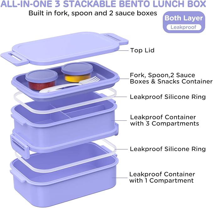 DaCool Lunch Box Adults Bento Box - 74 OZ All-in-One Stackable Lunch Box Containers for Adult Large Bento Box with Fork Spoon Sauce Boxes, Leakproof Lunchbox for Work School Dining Out,Macaron-Color