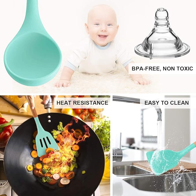 MIBOTE Silicone Cooking Kitchen Utensils Set, Wooden Handle, Teal | BPA-Free, Non-Toxic Silicone Turner, Tongs, Spatula, Spoon Set – Great for Nonstick Cookware, Heat-Resistant, Easy Clean